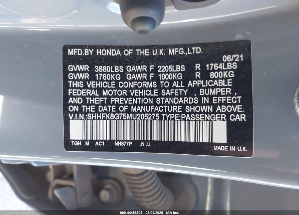 2021 HONDA CIVIC TYPE R TOURING VIN: SHHFK8G75MU205275
