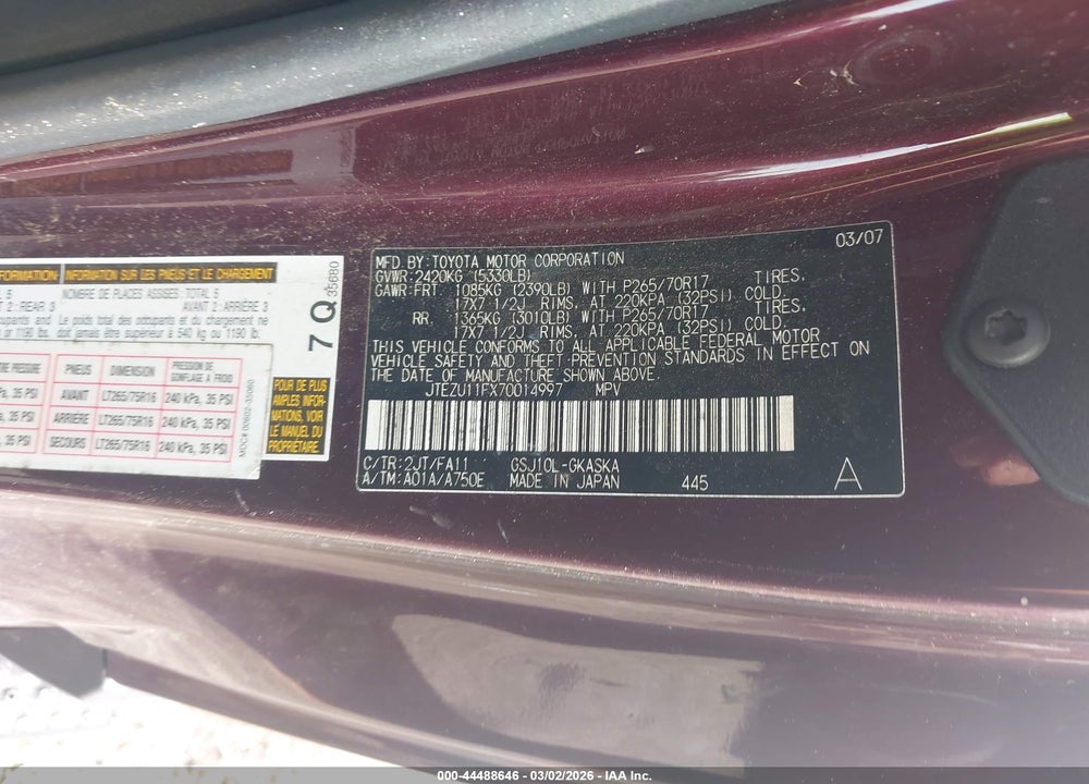 2007 TOYOTA FJ CRUISER VIN: JTEZU11FX70014997