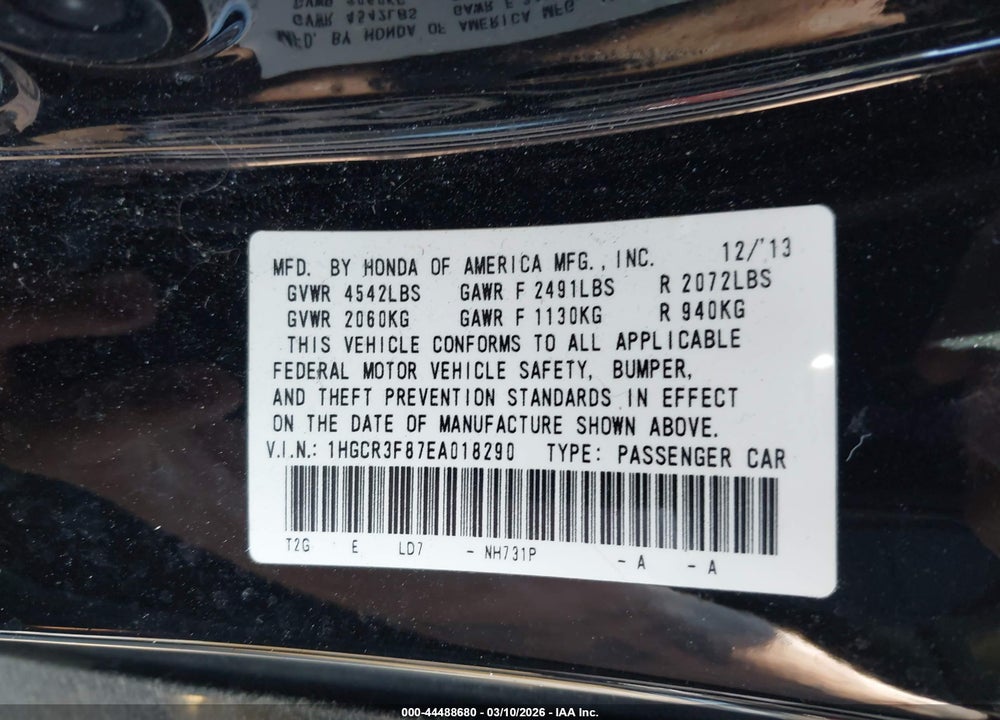 2014 HONDA ACCORD EX-L V-6 VIN: 1HGCR3F87EA018290