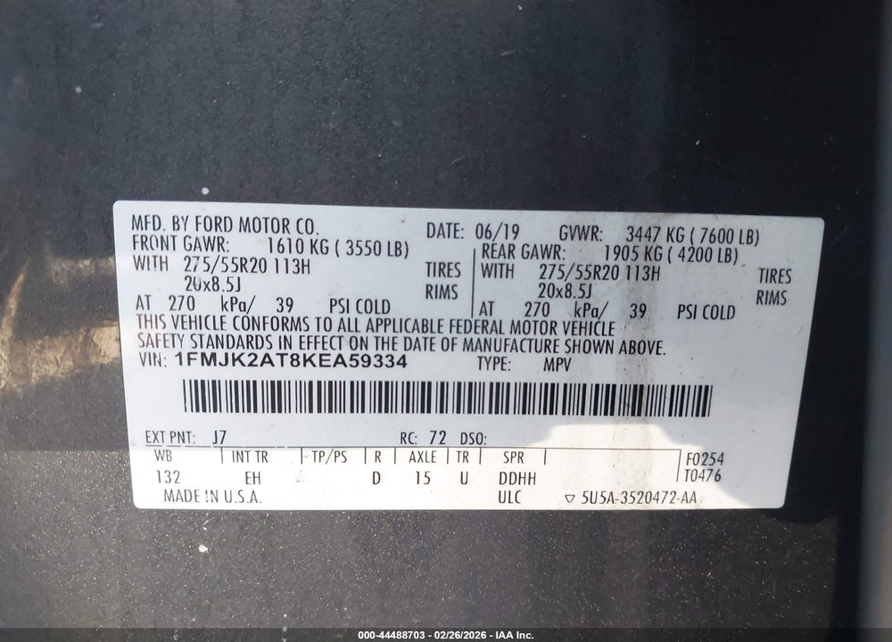 2019 FORD EXPEDITION MAX LIMITED VIN: 1FMJK2AT8KEA59334