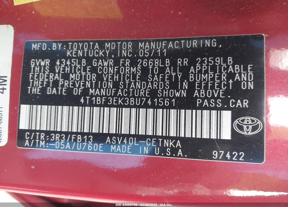 2011 TOYOTA CAMRY LE VIN: 4T1BF3EK3BU741561