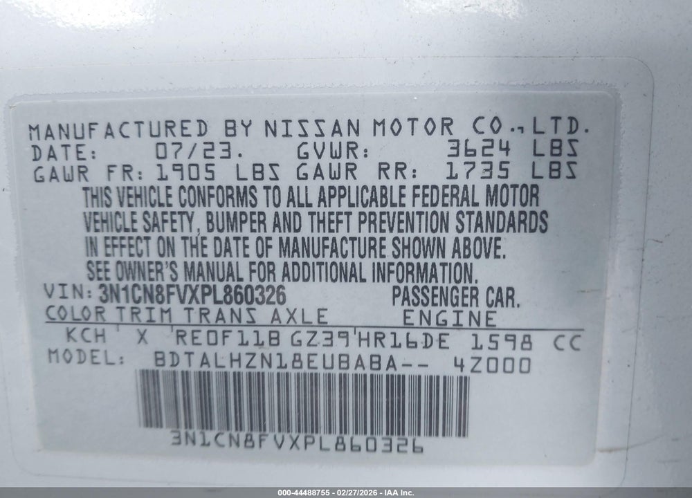 2023 NISSAN VERSA 1.6 SR XTRONIC CVT VIN: 3N1CN8FVXPL860326