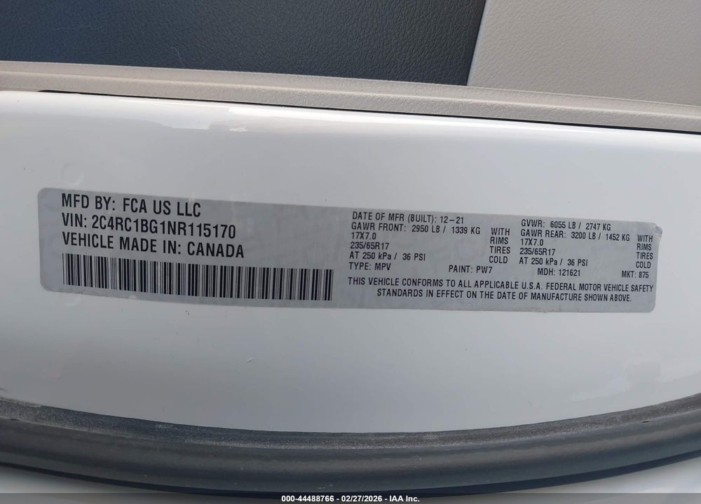 2022 CHRYSLER PACIFICA TOURING L VIN: 2C4RC1BG1NR115170