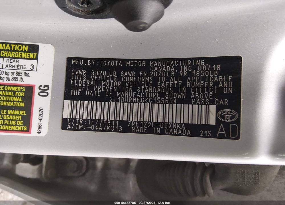 2019 TOYOTA COROLLA LE VIN: 2T1BURHE6KC155694