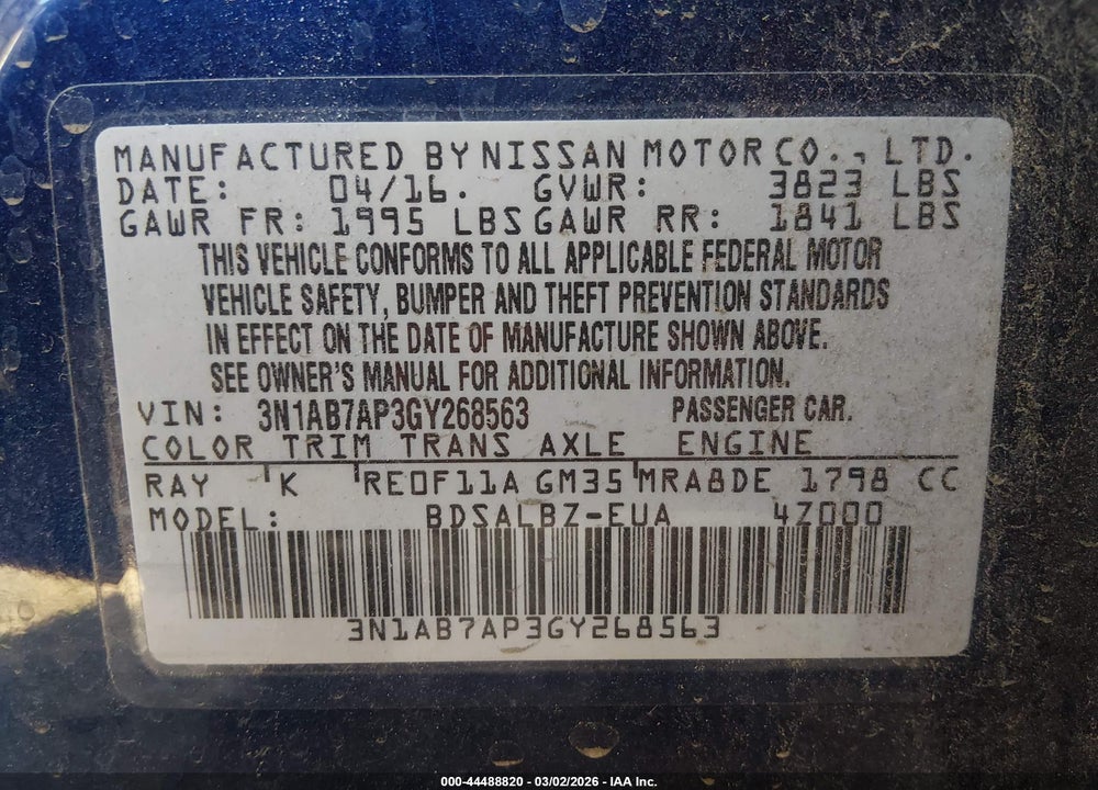 2016 NISSAN SENTRA S VIN: 3N1AB7AP3GY268563