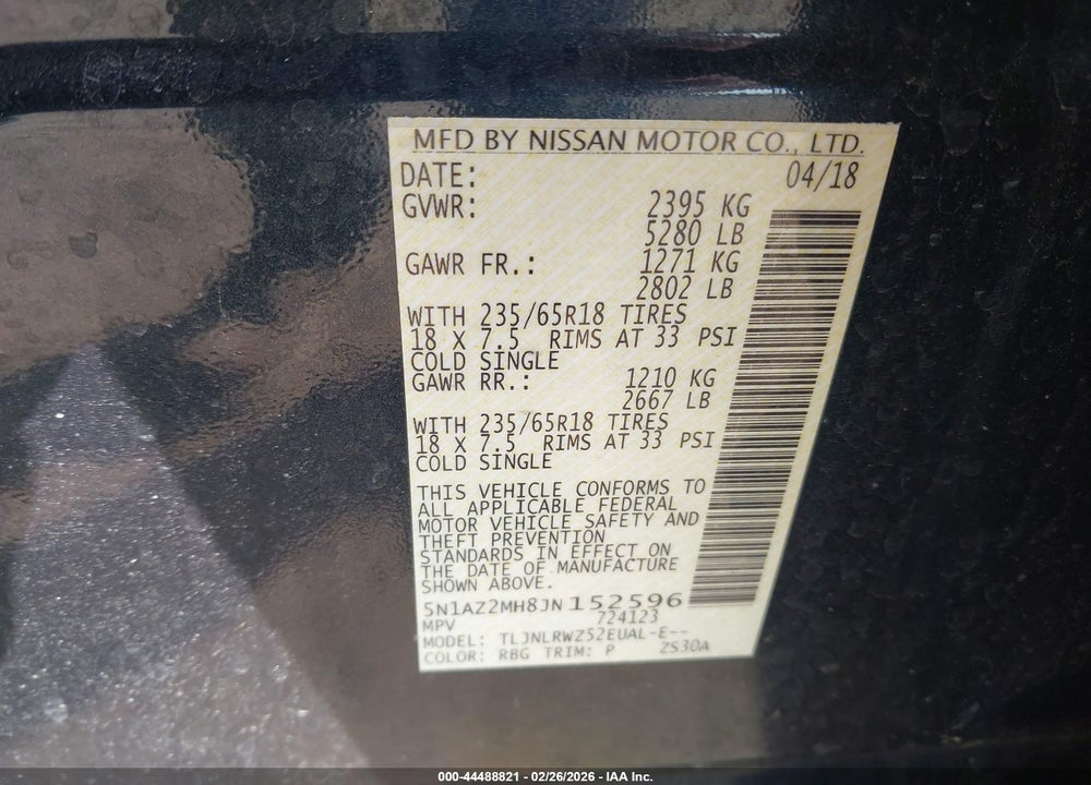 2018 NISSAN MURANO SL VIN: 5N1AZ2MH8JN152596