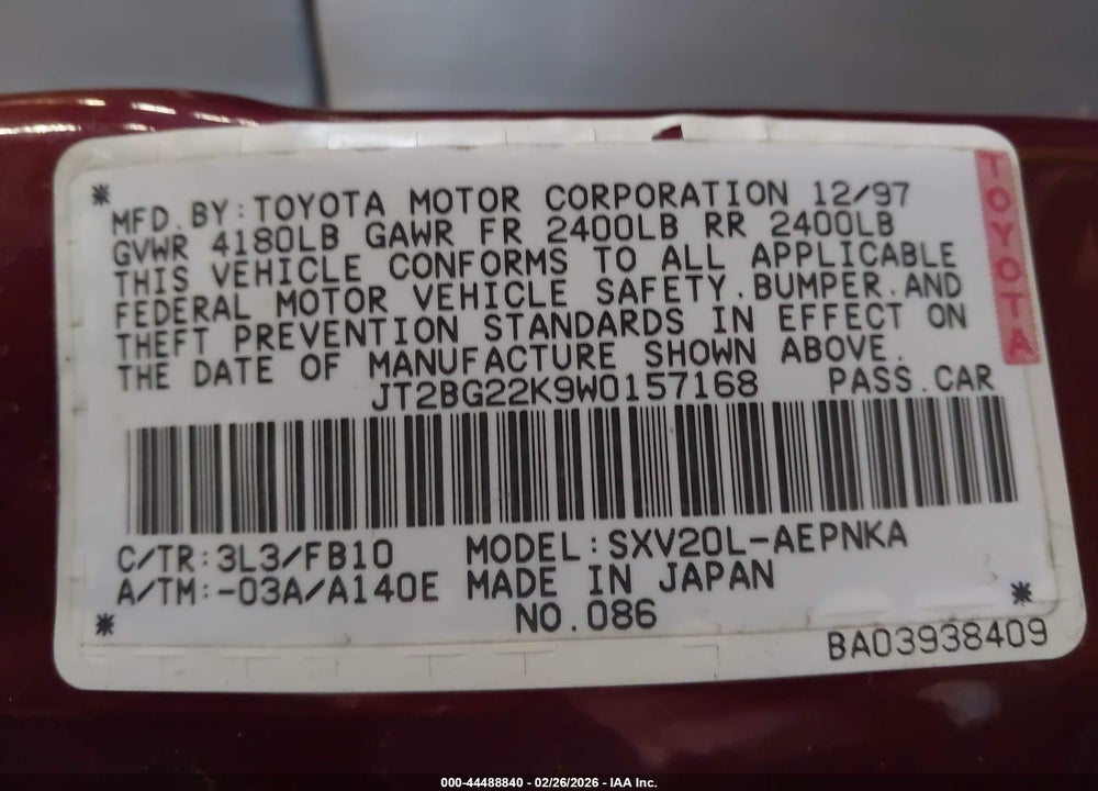 1998 TOYOTA CAMRY LE VIN: JT2BG22K9W0157168