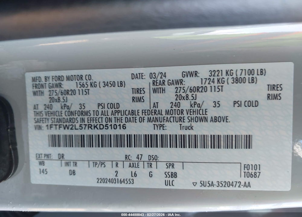 2024 FORD F-150 STX VIN: 1FTFW2L57RKD51016