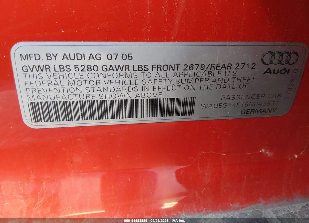 2006 AUDI A6 3.2 VIN: WAUEG74F16N043537