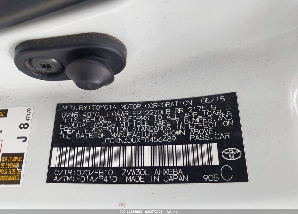 2015 TOYOTA PRIUS TWO VIN: JTDKN3DUXF0456489