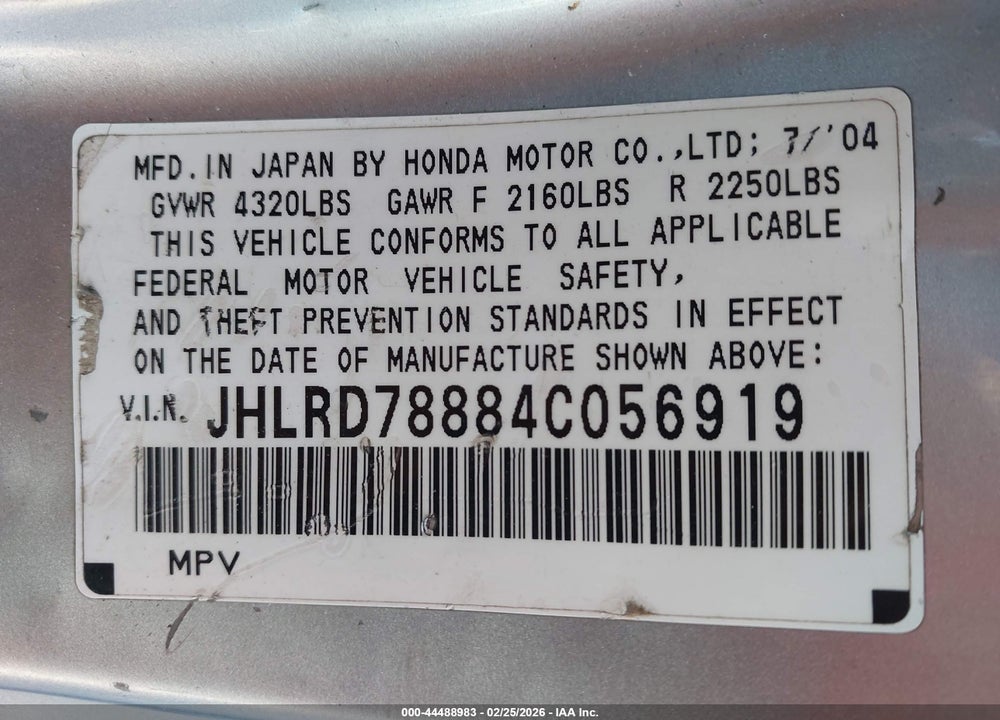 2004 HONDA CR-V EX VIN: JHLRD78884C056919