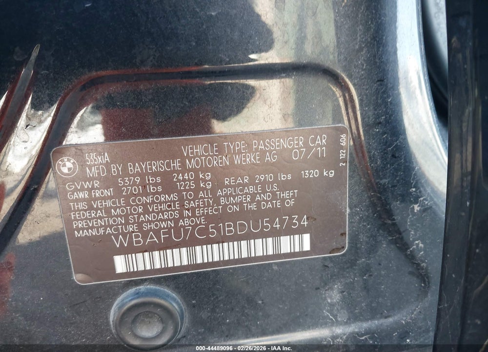 2011 BMW 5 SERIES VIN: WBAFU7C51BDU54734