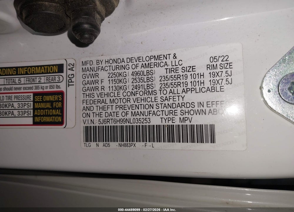 2022 HONDA CR-V HYBRID TOURING VIN: 5J6RT6H99NL035253