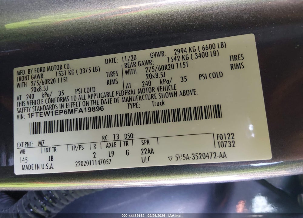 2021 FORD F-150 XL VIN: 1FTEW1EP6MFA19896
