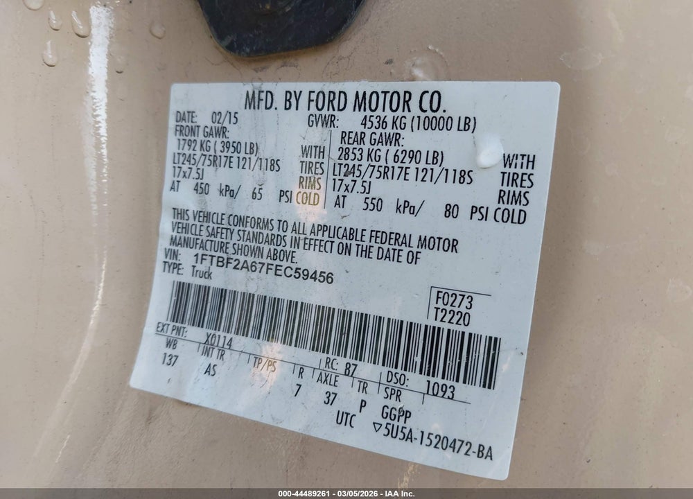 2015 FORD F-250 XL VIN: 1FTBF2A67FEC59456