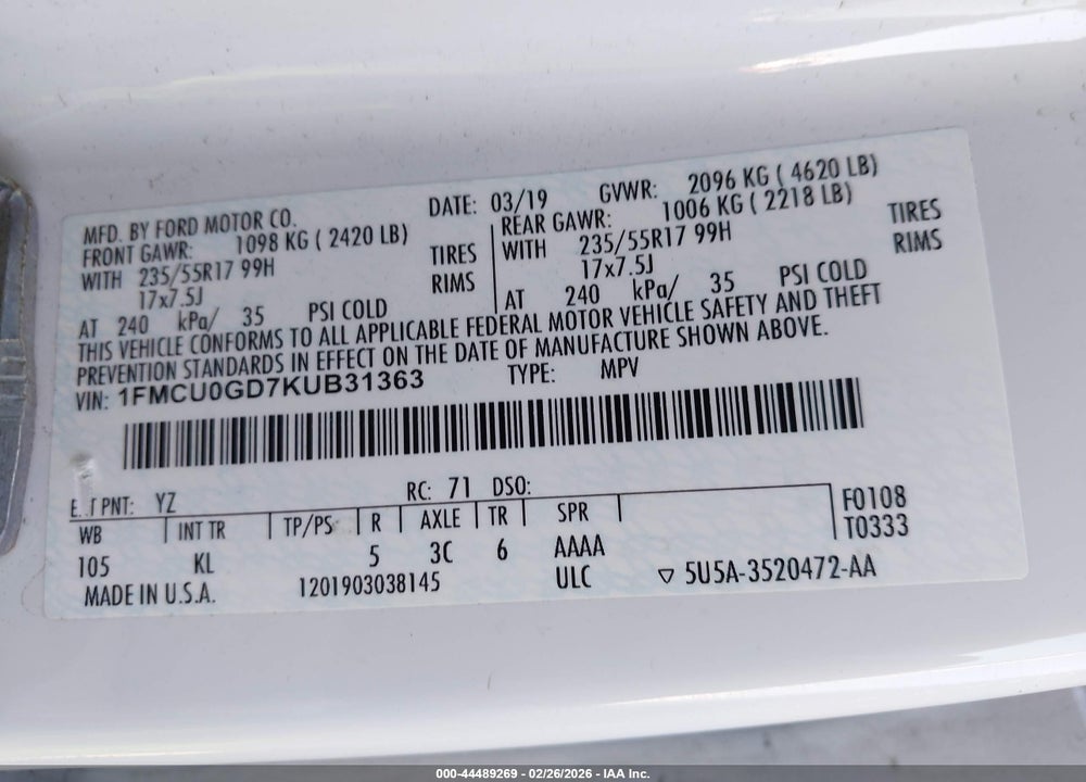 2019 FORD ESCAPE SE VIN: 1FMCU0GD7KUB31363