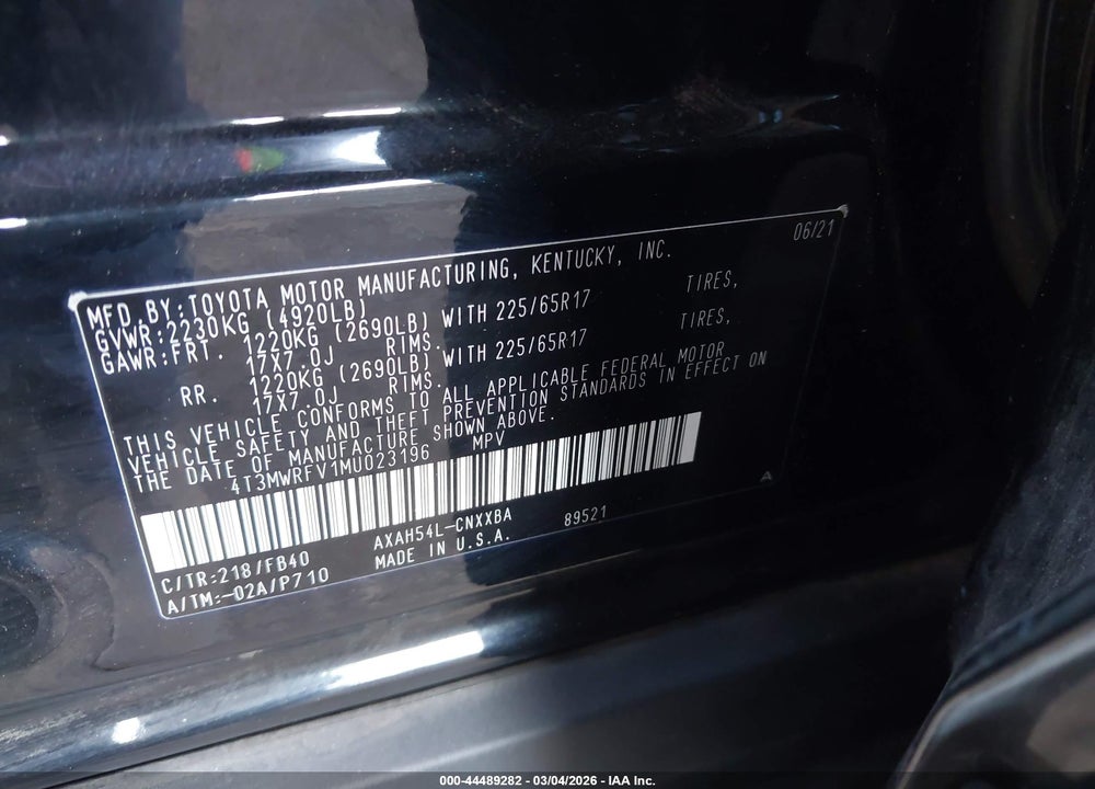 2021 TOYOTA RAV4 HYBRID LE VIN: 4T3MWRFV1MU023196