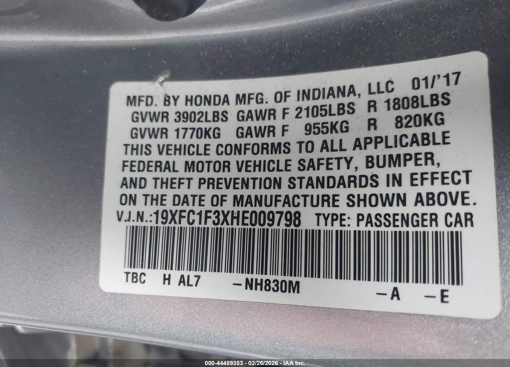 2017 HONDA CIVIC EX-T VIN: 19XFC1F3XHE009798