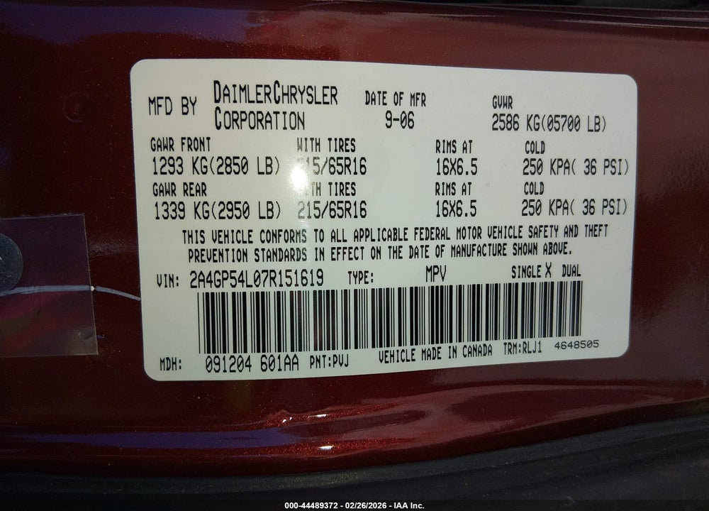 2007 CHRYSLER TOWN & COUNTRY TOURING VIN: 2A4GP54L07R151619