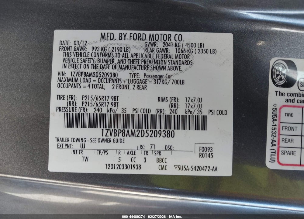 2013 FORD MUSTANG V6 VIN: 1ZVBP8AM2D5209380