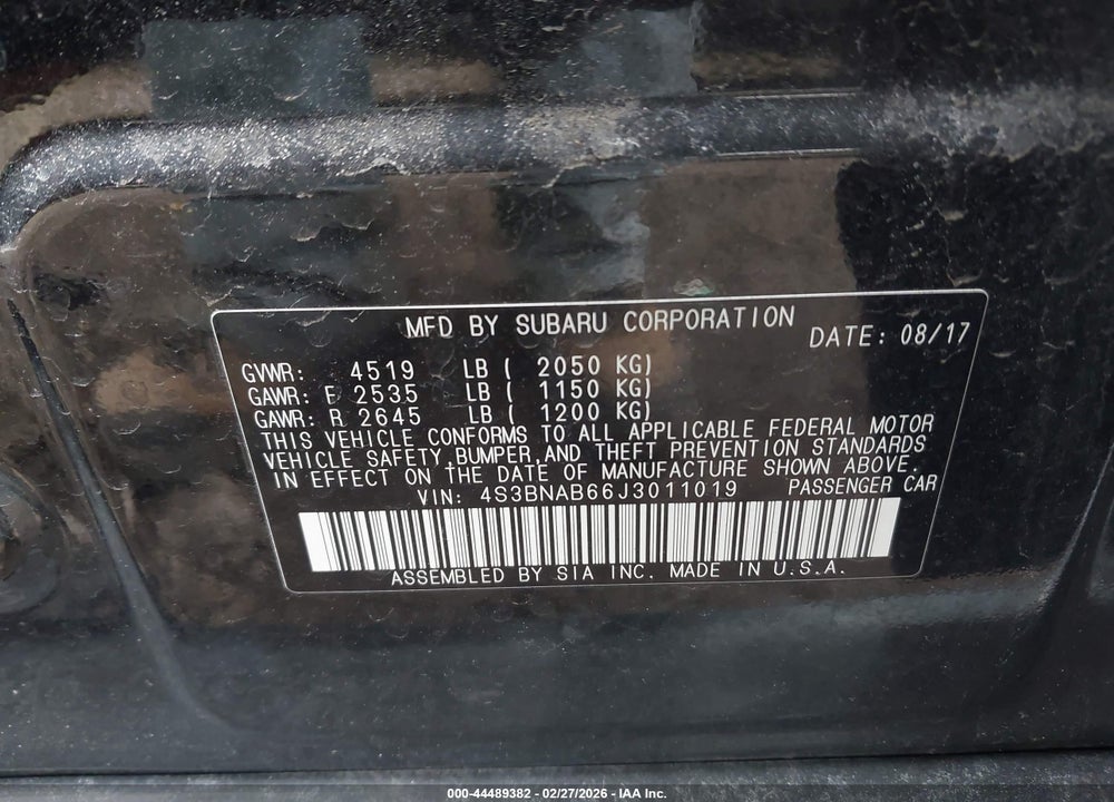 2018 SUBARU LEGACY 2.5I VIN: 4S3BNAB66J3011019
