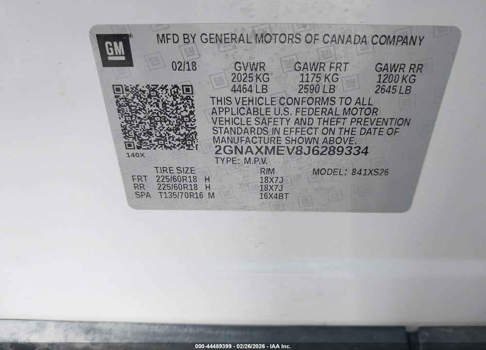 2018 CHEVROLET EQUINOX PREMIER VIN: 2GNAXMEV8J6289334