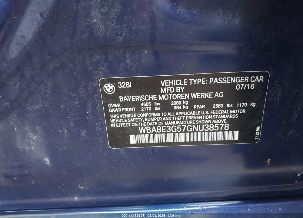 2016 BMW 328I XDRIVE VIN: WBA8E3G57GNU38578