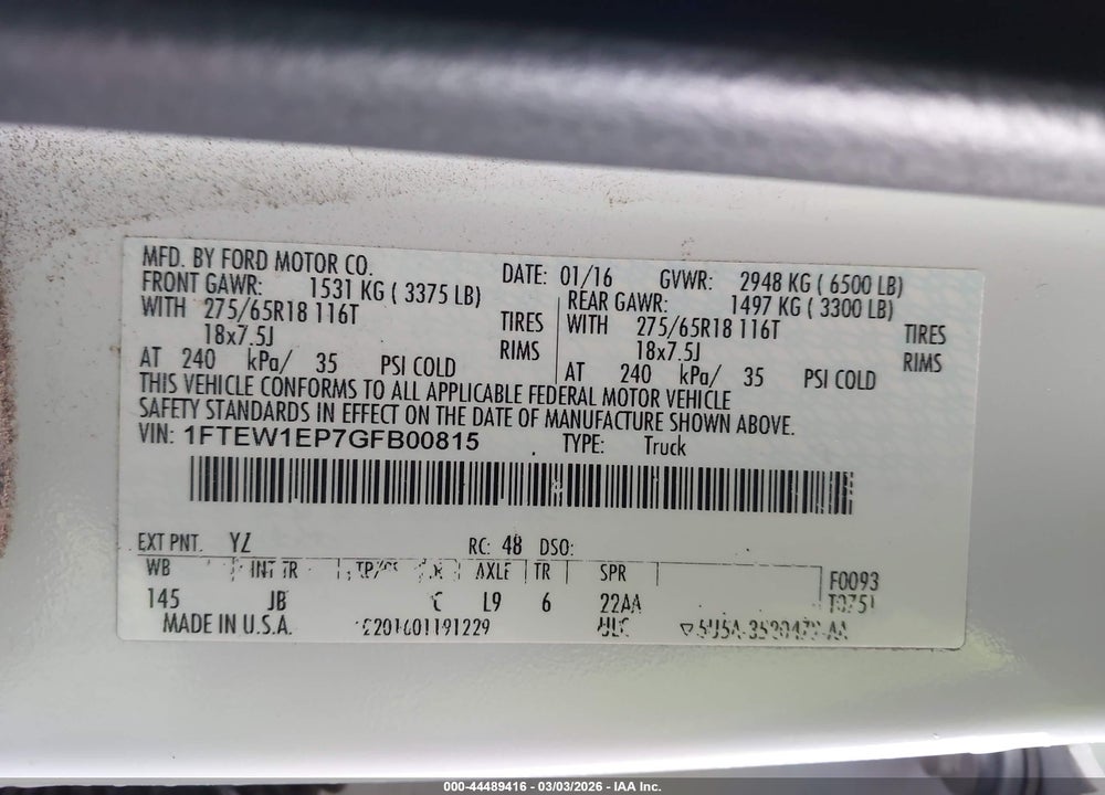 2016 FORD F-150 XLT VIN: 1FTEW1EP7GFB00815