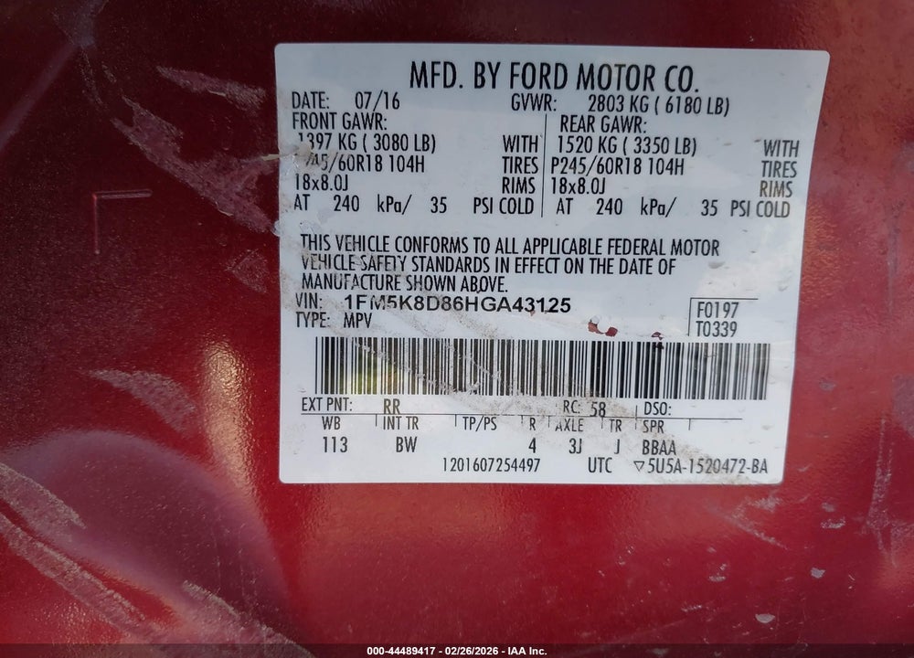 2017 FORD EXPLORER XLT VIN: 1FM5K8D86HGA43125