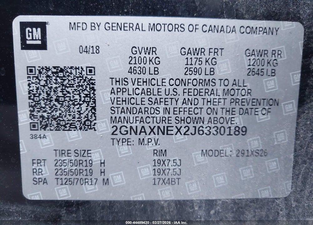 2018 CHEVROLET EQUINOX PREMIER VIN: 2GNAXNEX2J6330189