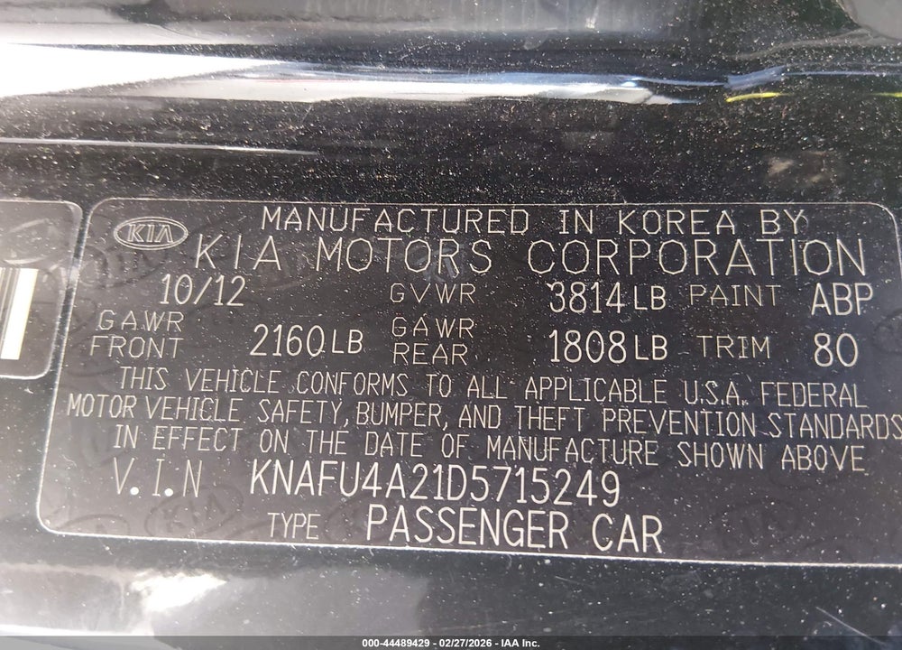 2013 KIA FORTE EX VIN: KNAFU4A21D5715249