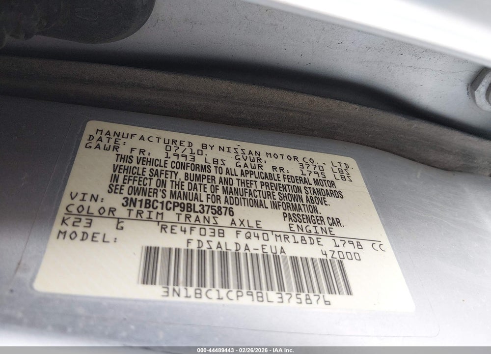 2011 NISSAN VERSA 1.8S VIN: 3N1BC1CP9BL375876