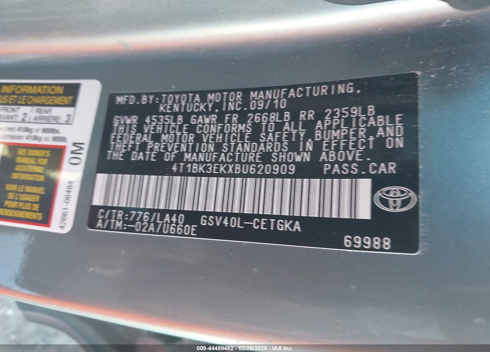 2011 TOYOTA CAMRY XLE V6 VIN: 4T1BK3EKXBU620909