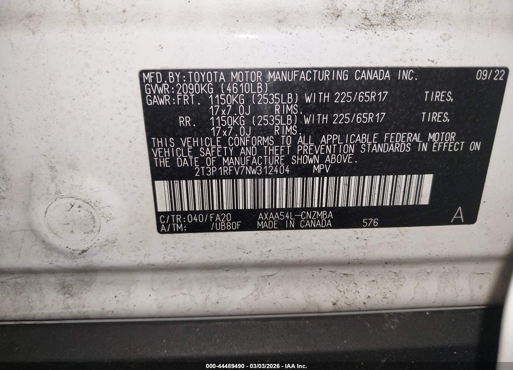 2022 TOYOTA RAV4 XLE VIN: 2T3P1RFV7NW312404