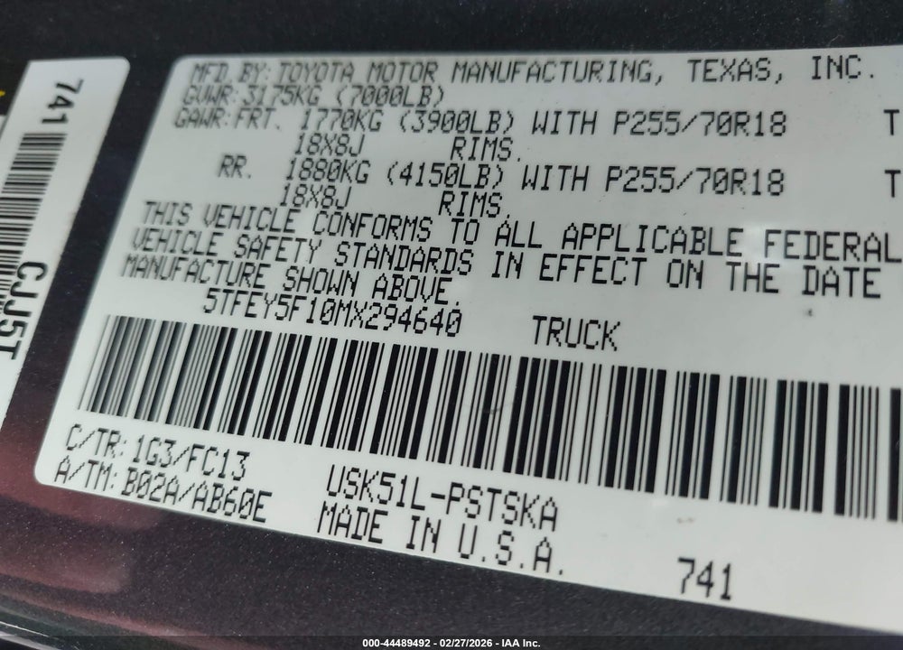 2021 TOYOTA TUNDRA SR5 VIN: 5TFEY5F10MX294640