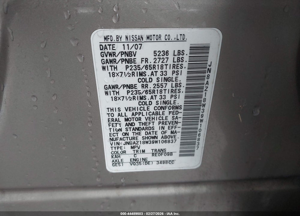 2009 NISSAN MURANO S VIN: JN8AZ18W39W106837