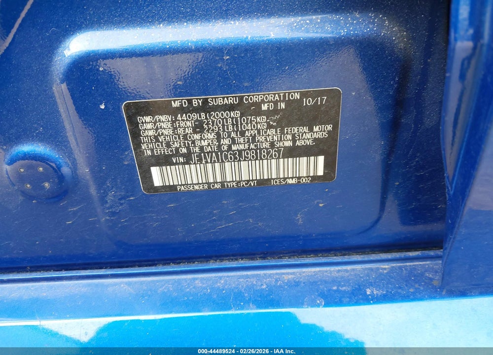 2018 SUBARU WRX PREMIUM VIN: JF1VA1C63J9818267