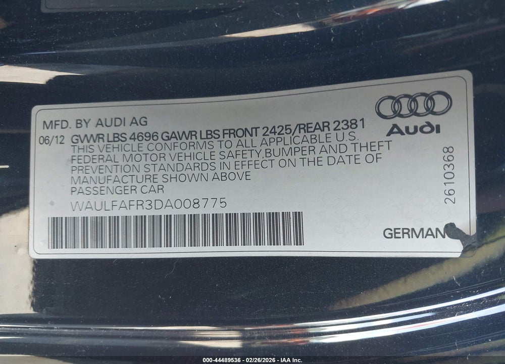 2013 AUDI A5 2.0T PREMIUM VIN: WAULFAFR3DA008775