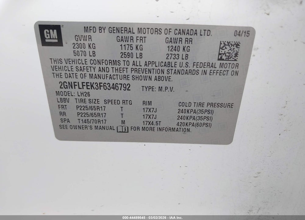 2015 CHEVROLET EQUINOX 1LT VIN: 2GNFLFEK3F6346792