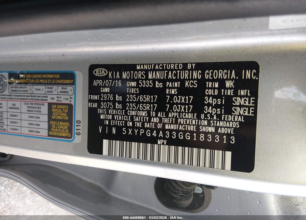 2016 KIA SORENTO 2.4L LX VIN: 5XYPG4A33GG183313