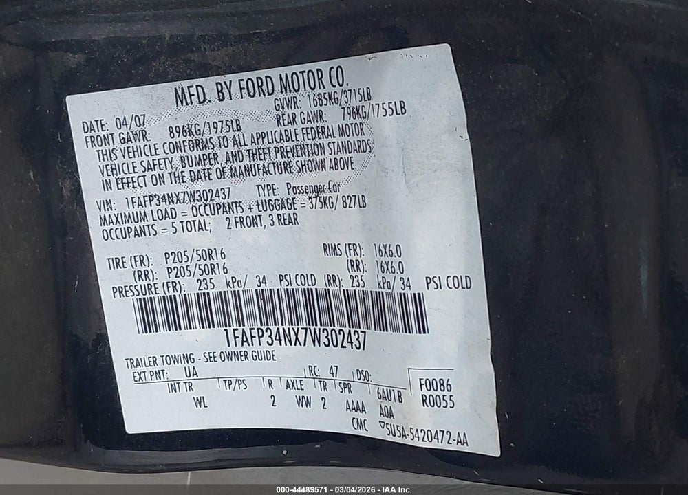 2007 FORD FOCUS S/SE/SES VIN: 1FAFP34NX7W302437
