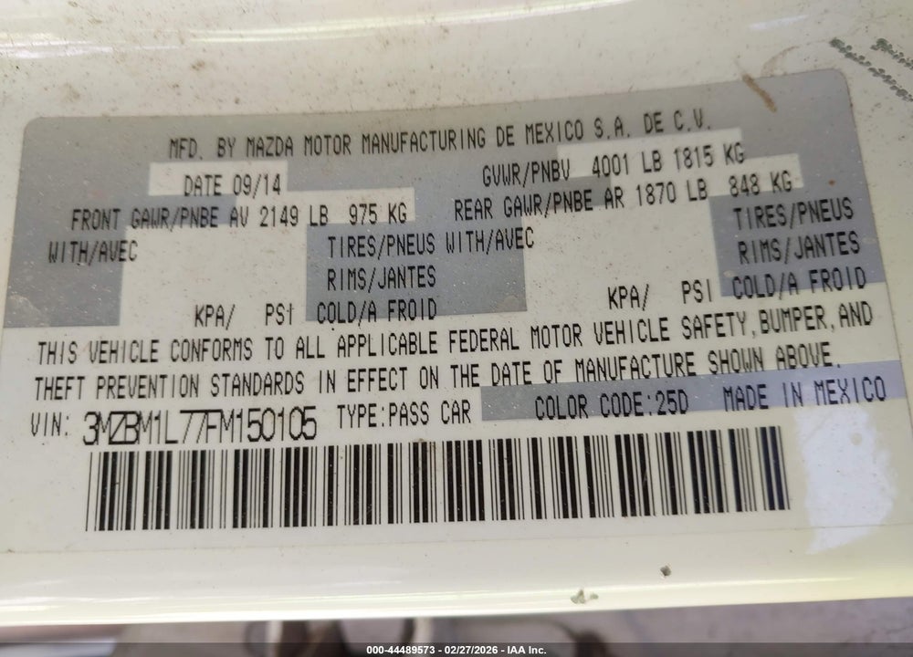 2015 MAZDA 3 I TOURING VIN: 3MZBM1L77FM150105
