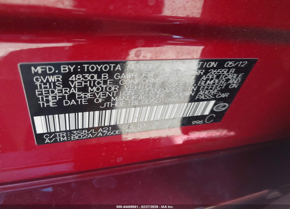 2013 LEXUS GS 350 VIN: JTHBE1BL0D5010963