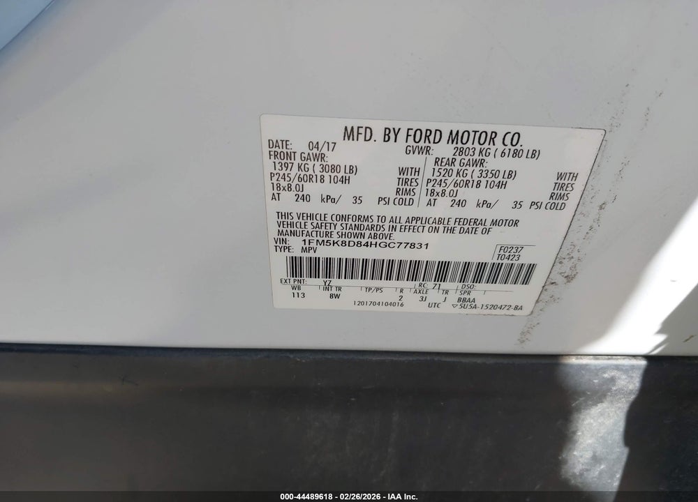 2017 FORD EXPLORER XLT VIN: 1FM5K8D84HGC77831