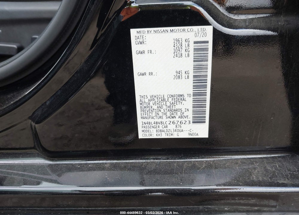 2020 NISSAN ALTIMA S FWD VIN: 1N4BL4BV8LC267623