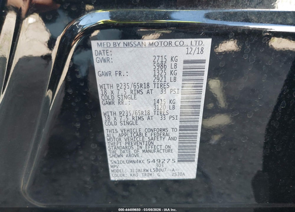 2019 INFINITI QX60 LUXE VIN: 5N1DL0MN4KC549275