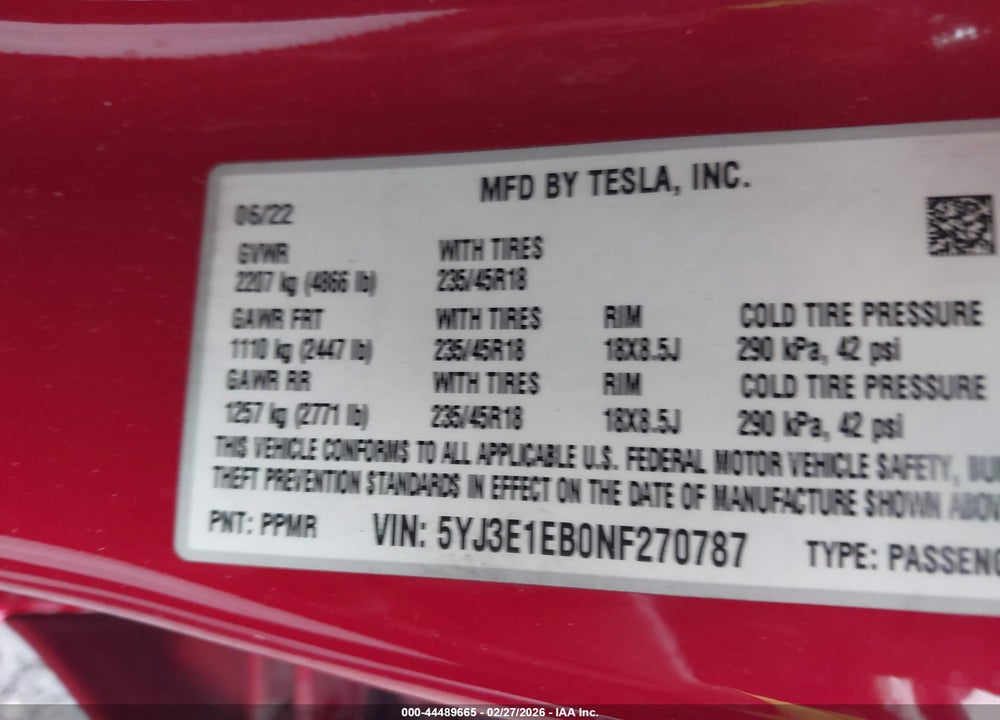2022 TESLA MODEL 3 LONG RANGE DUAL MOTOR ALL-WHEEL DRIVE VIN: 5YJ3E1EB0NF270787
