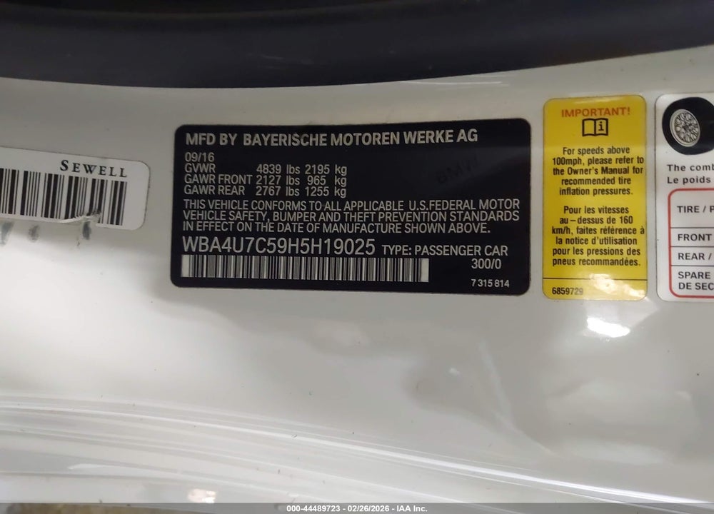 2017 BMW 430I VIN: WBA4U7C59H5H19025