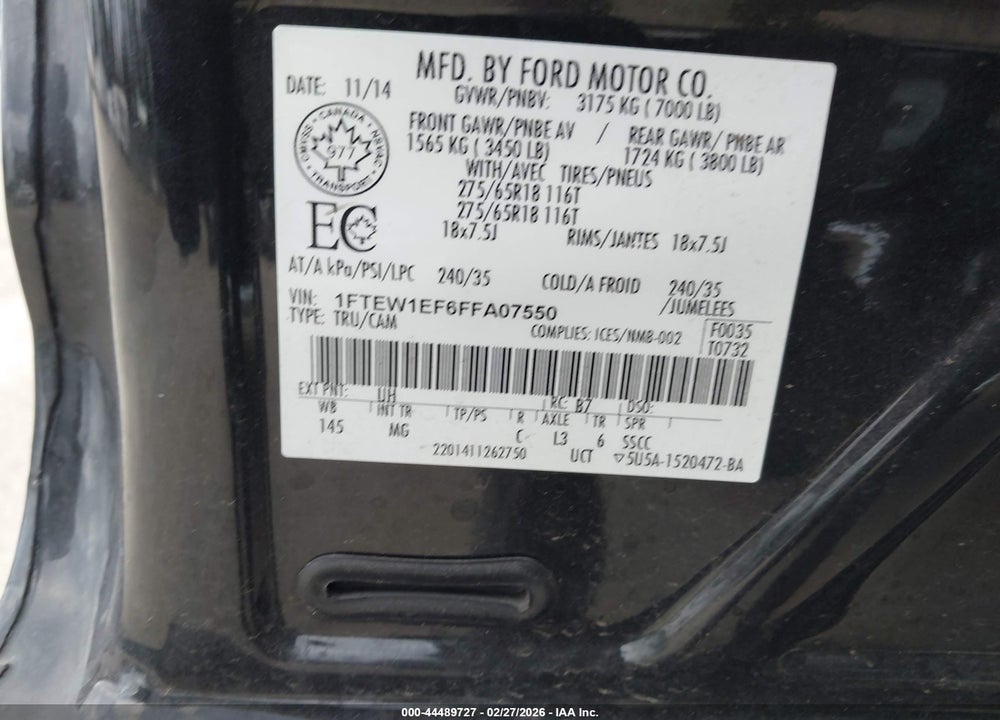 2015 FORD F-150 XLT VIN: 1FTEW1EF6FFA07550