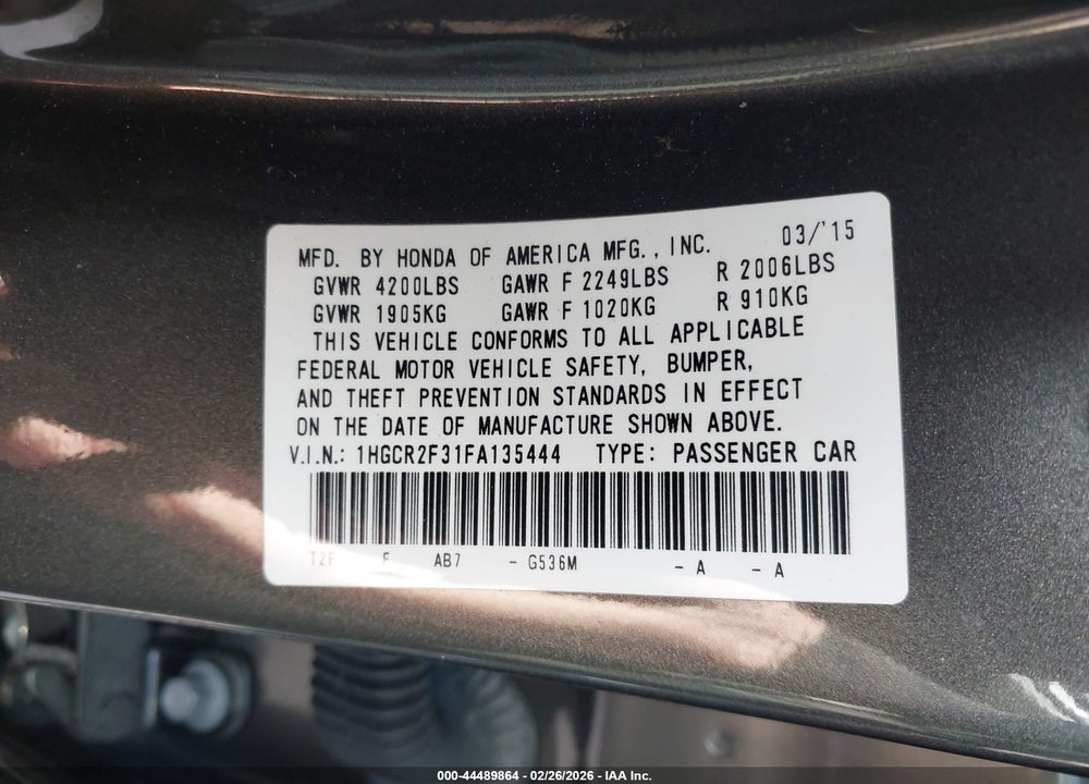 2015 HONDA ACCORD LX VIN: 1HGCR2F31FA135444